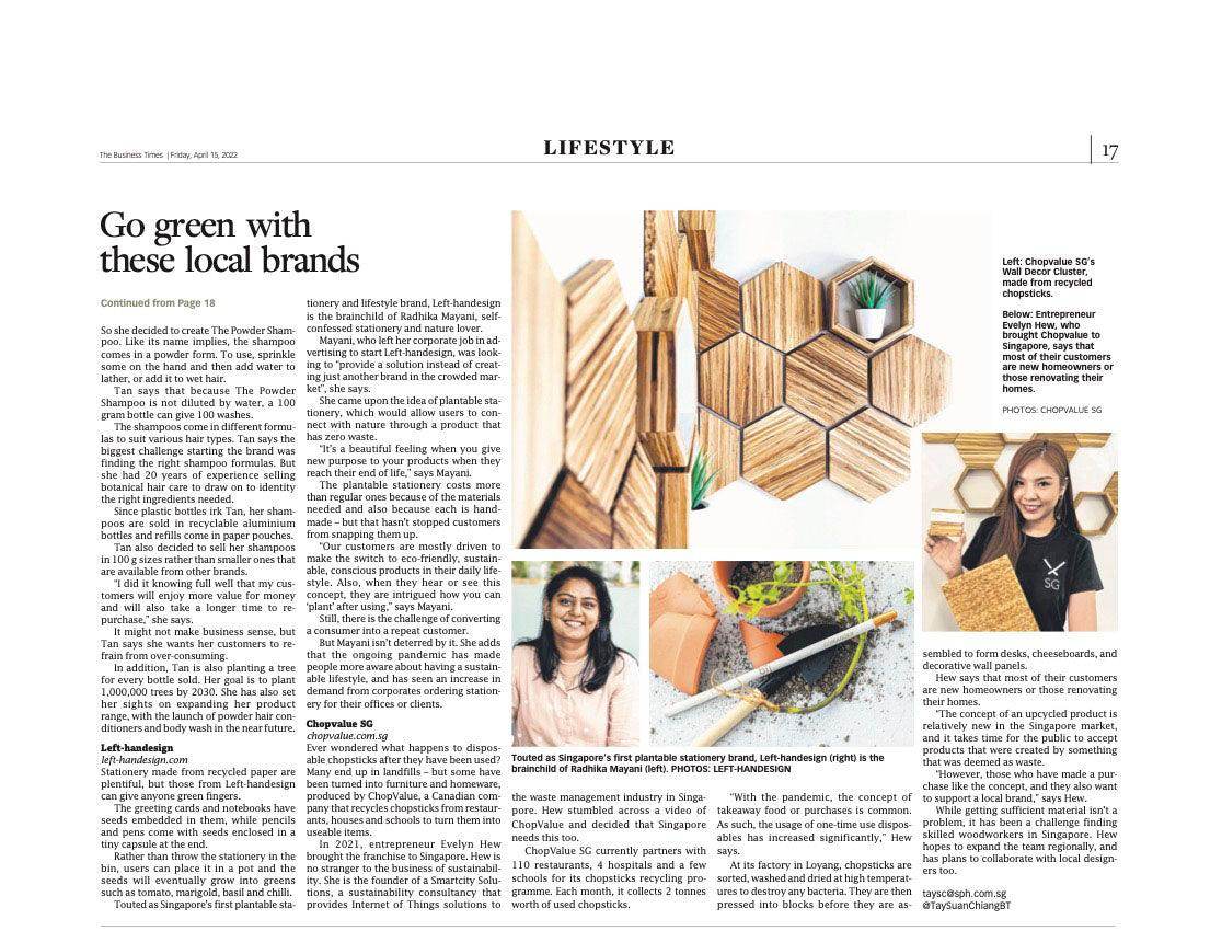 Featured in Business Times Lifestyle - Go Green - LEFT-HANDESIGN®